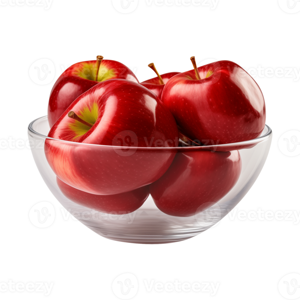 AI generated a bowl of fresh whole red apples isolated on a transparent background, PNG