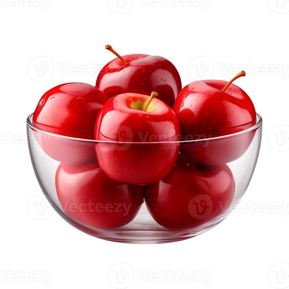 AI generated a bowl of fresh whole red apples isolated on a transparent background, PNG