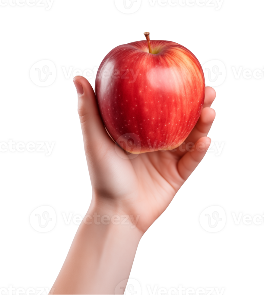 AI generated a hand-holding red apple isolated on a transparent background, PNG
