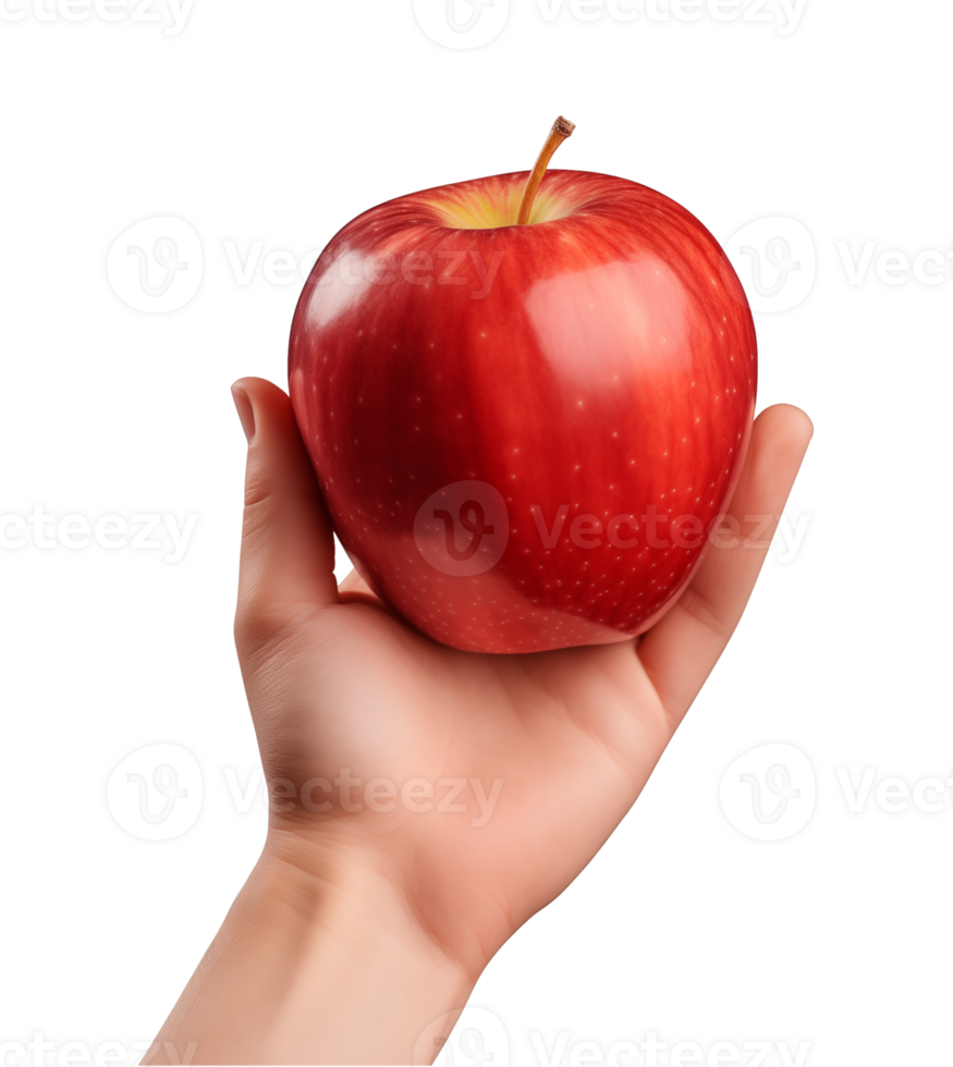 AI generated a hand-holding red apple isolated on a transparent background, PNG