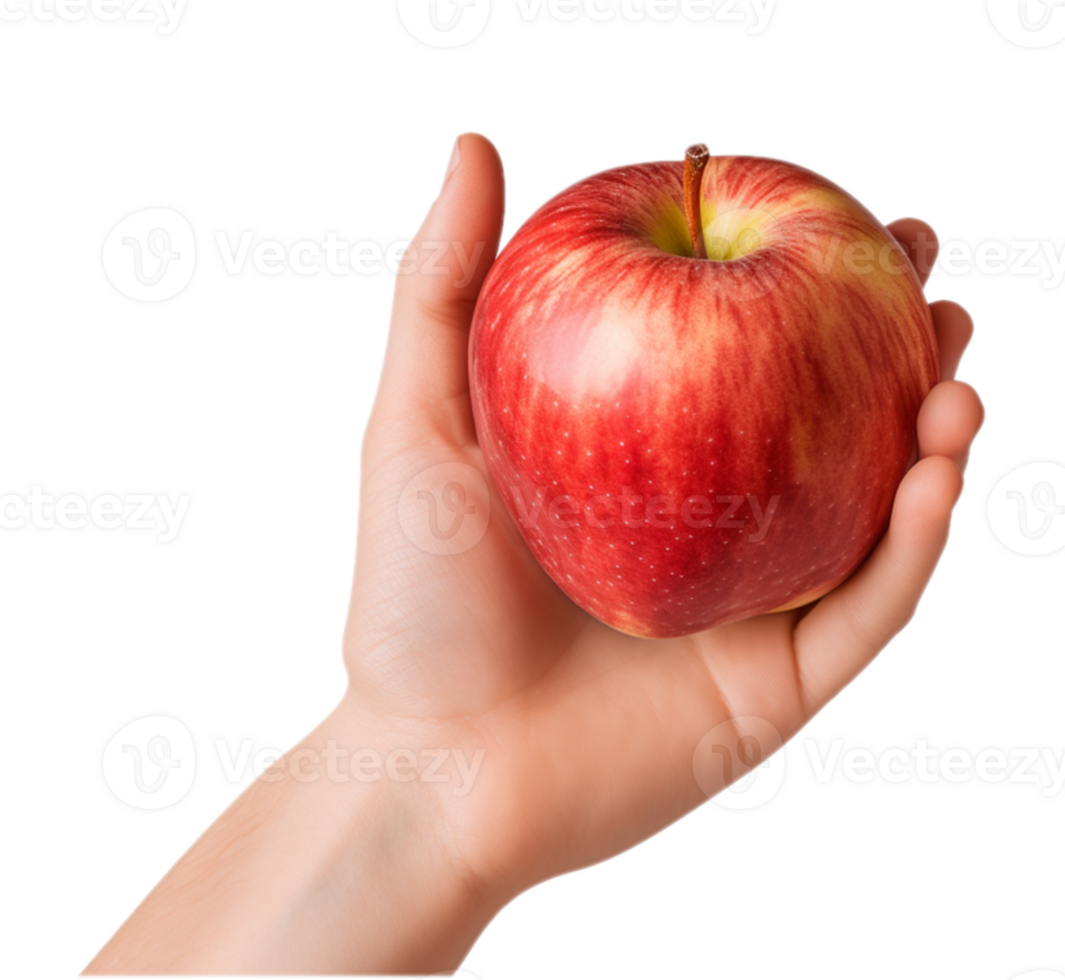 AI generated a hand-holding red apple isolated on a transparent background, PNG