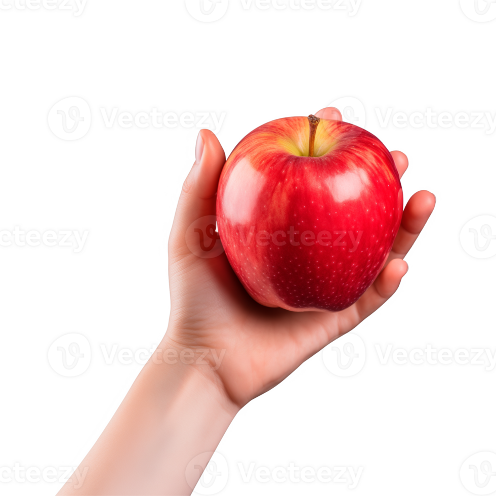 AI generated a hand-holding red apple isolated on a transparent background, PNG