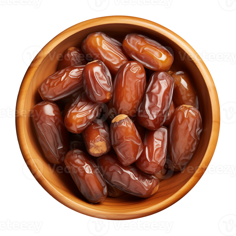 AI generated a bowl of dried date fruits isolated on a transparent background, top view, PNG
