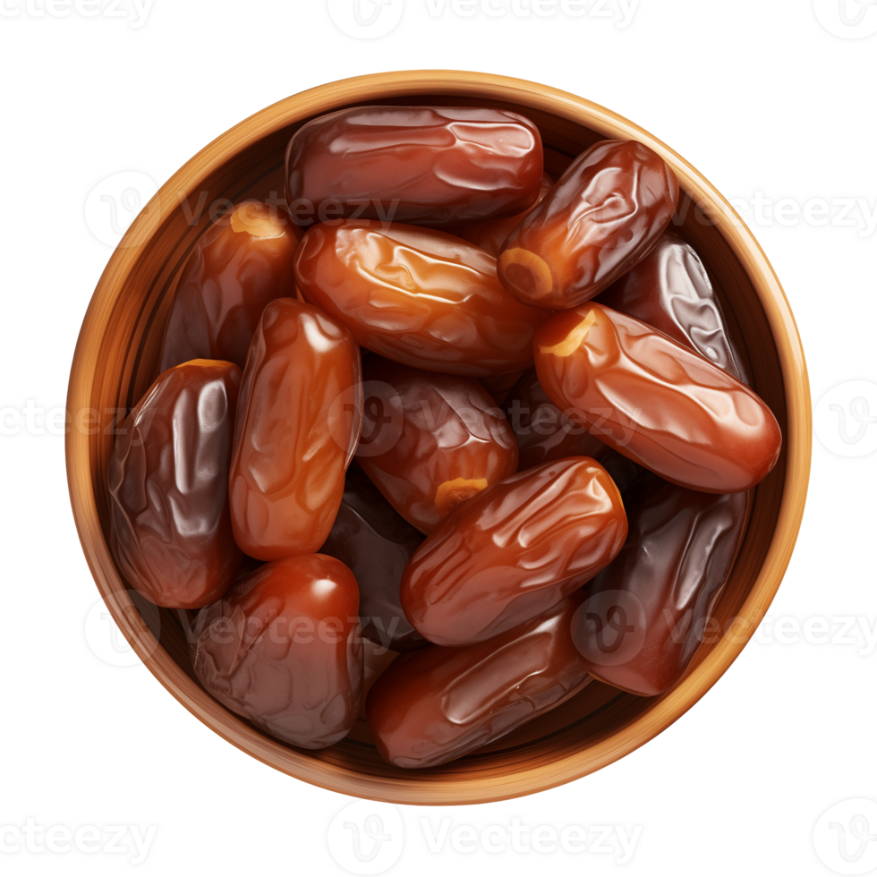 AI generated a bowl of dried date fruits isolated on a transparent background, top view, PNG