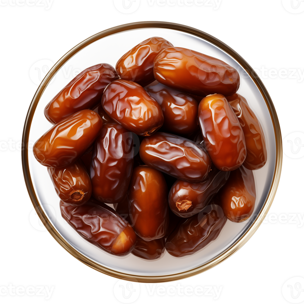 AI generated a bowl of dried date fruits isolated on a transparent background, top view, PNG