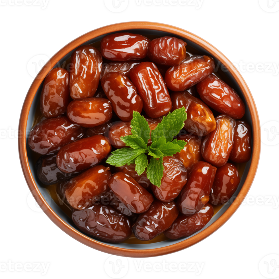 AI generated a bowl of dried date fruits isolated on a transparent background, top view, PNG