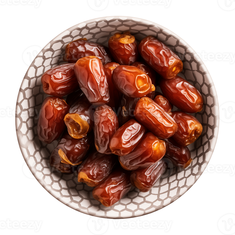 AI generated a bowl of dried date fruits isolated on a transparent background, top view, PNG