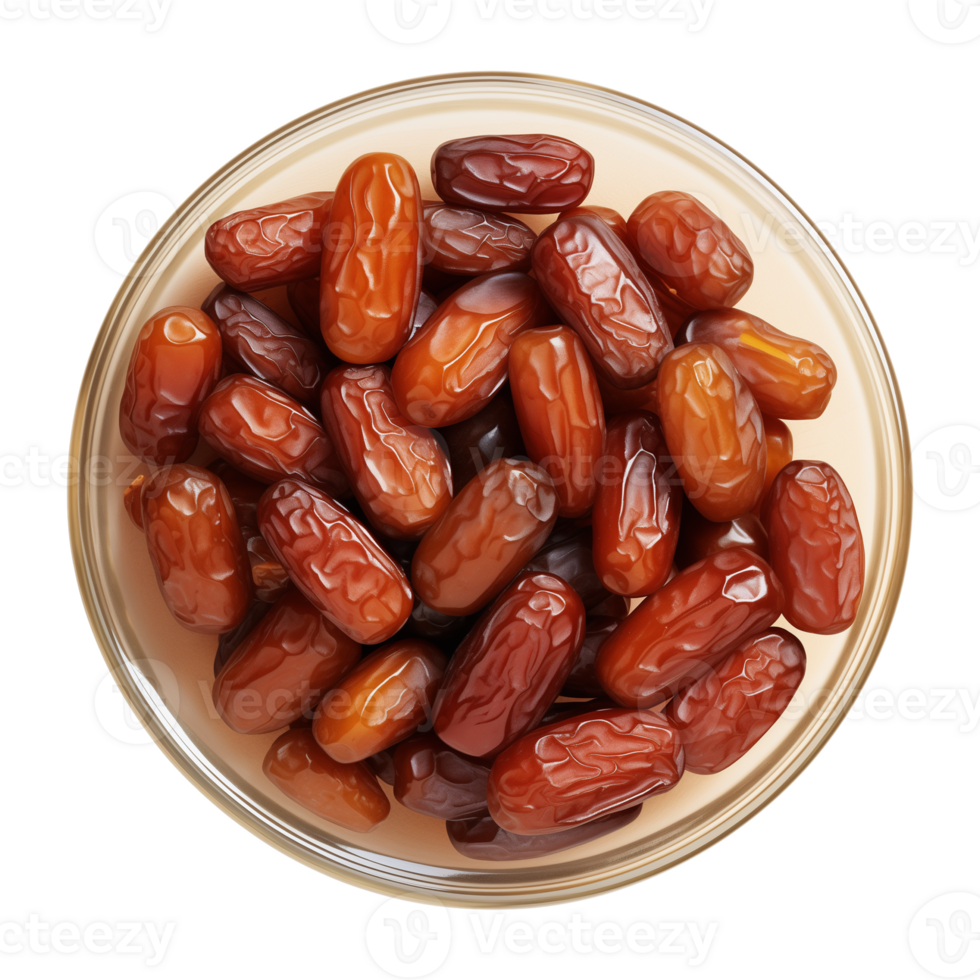 AI generated a bowl of dried date fruits isolated on a transparent background, top view, PNG