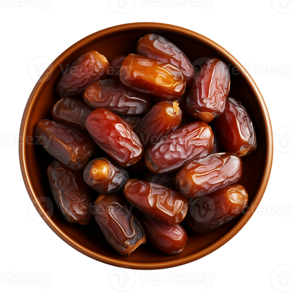 AI generated a bowl of dried date fruits isolated on a transparent background, top view, PNG
