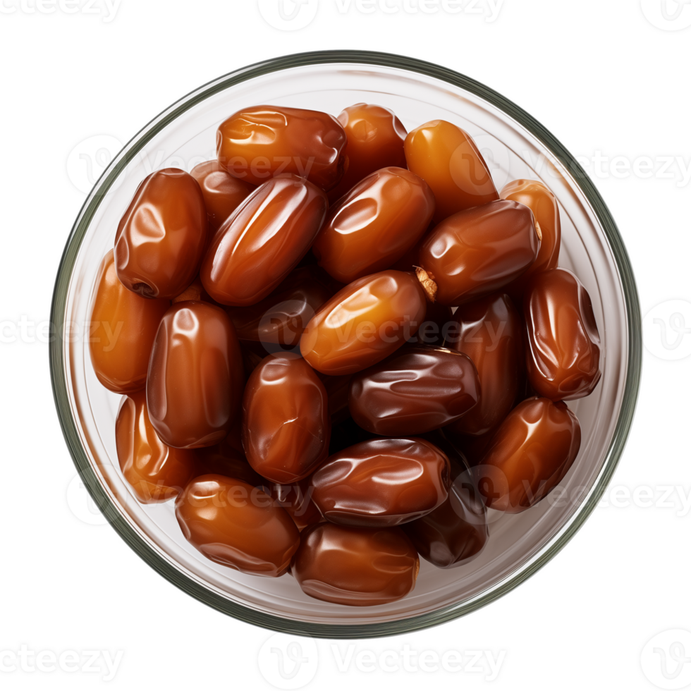 AI generated a bowl of dried date fruits isolated on a transparent background, top view, PNG
