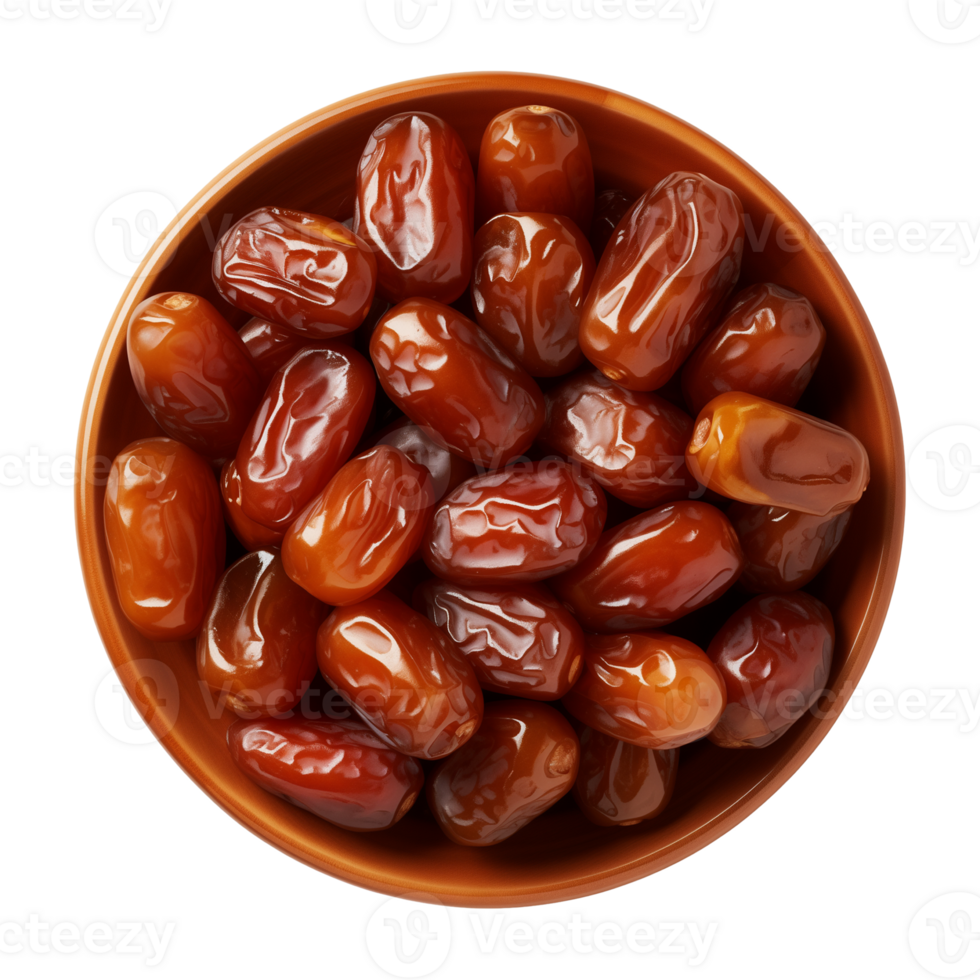 AI generated a bowl of dried date fruits isolated on a transparent background, top view, PNG