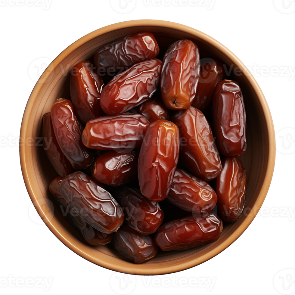 AI generated a bowl of dried date fruits isolated on a transparent background, top view, PNG