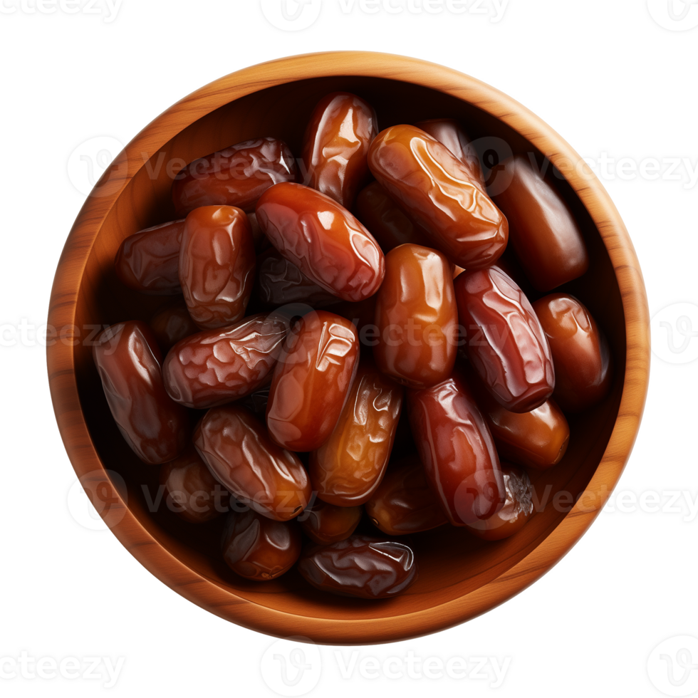 AI generated a bowl of dried date fruits isolated on a transparent background, top view, PNG