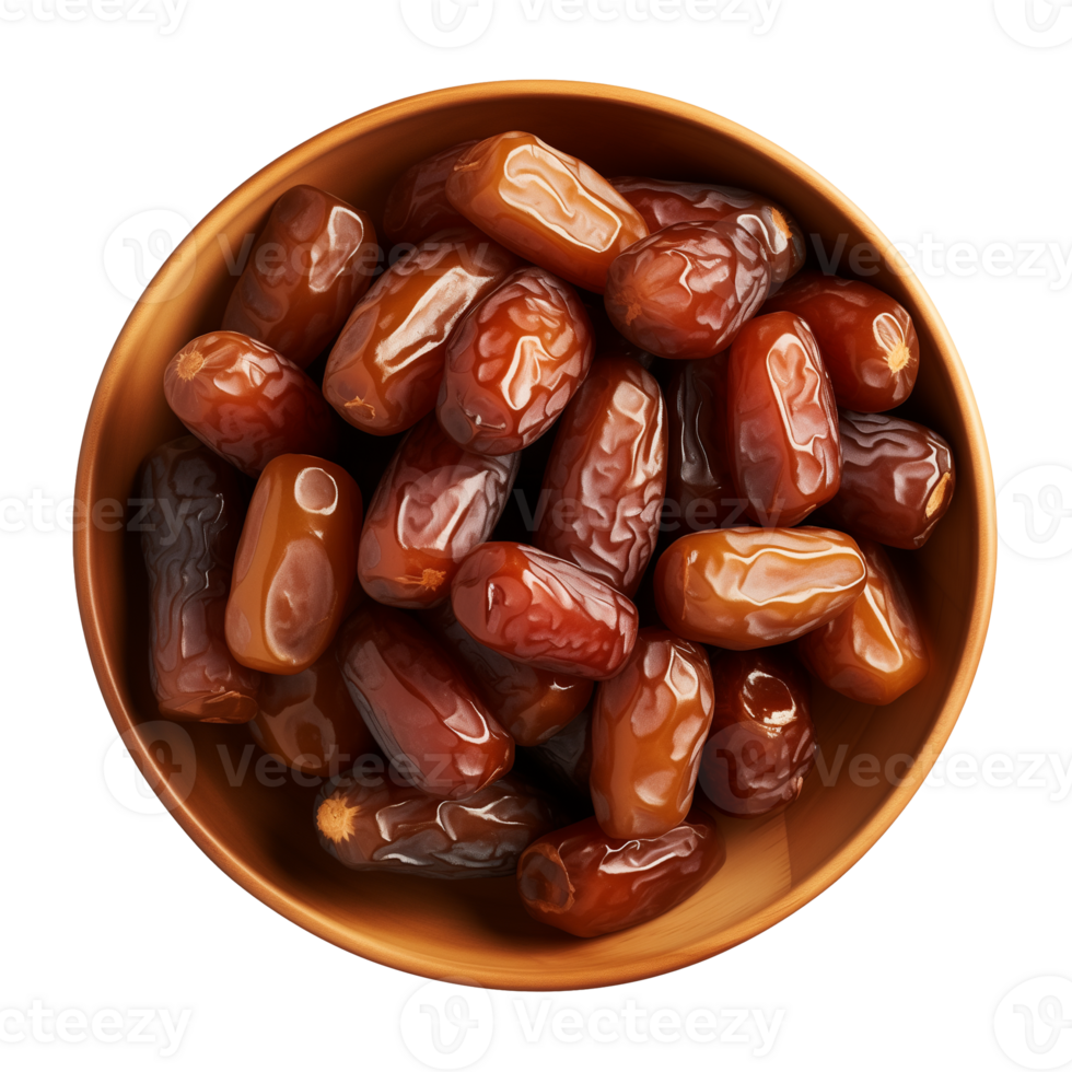 AI generated a bowl of dried date fruits isolated on a transparent background, top view, PNG