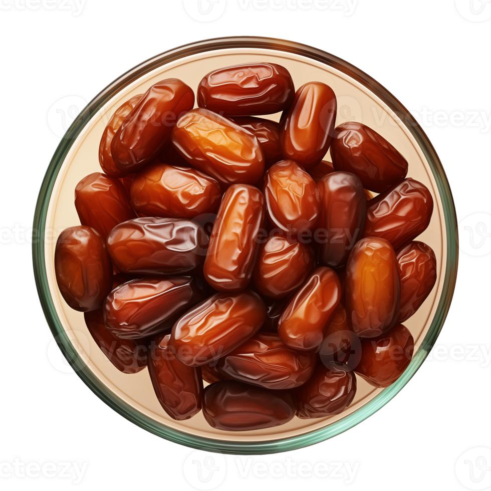 AI generated a bowl of dried date fruits isolated on a transparent background, top view, PNG