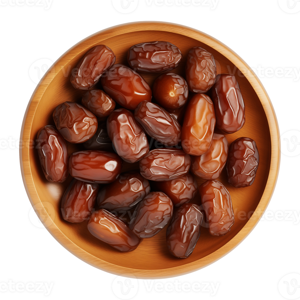 AI generated a bowl of dried date fruits isolated on a transparent background, top view, PNG
