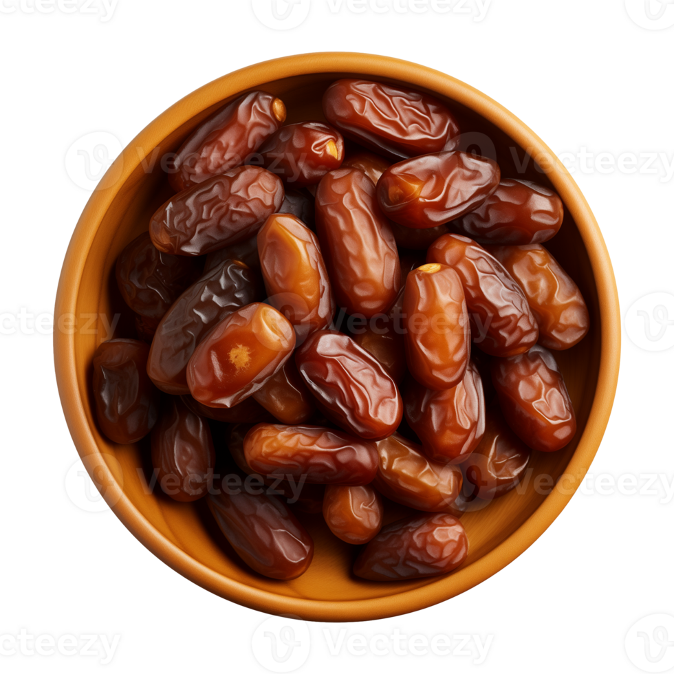 AI generated a bowl of dried date fruits isolated on a transparent background, top view, PNG