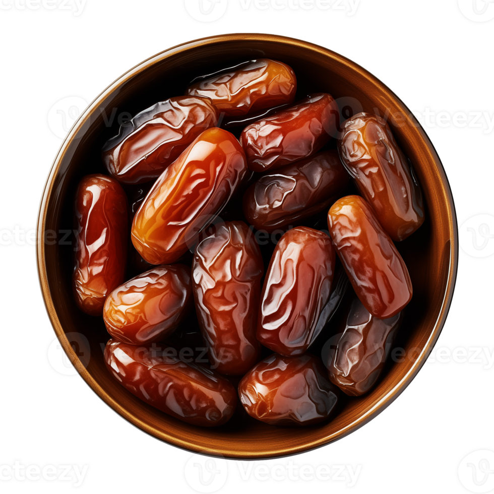 AI generated a bowl of dried date fruits isolated on a transparent background, top view, PNG