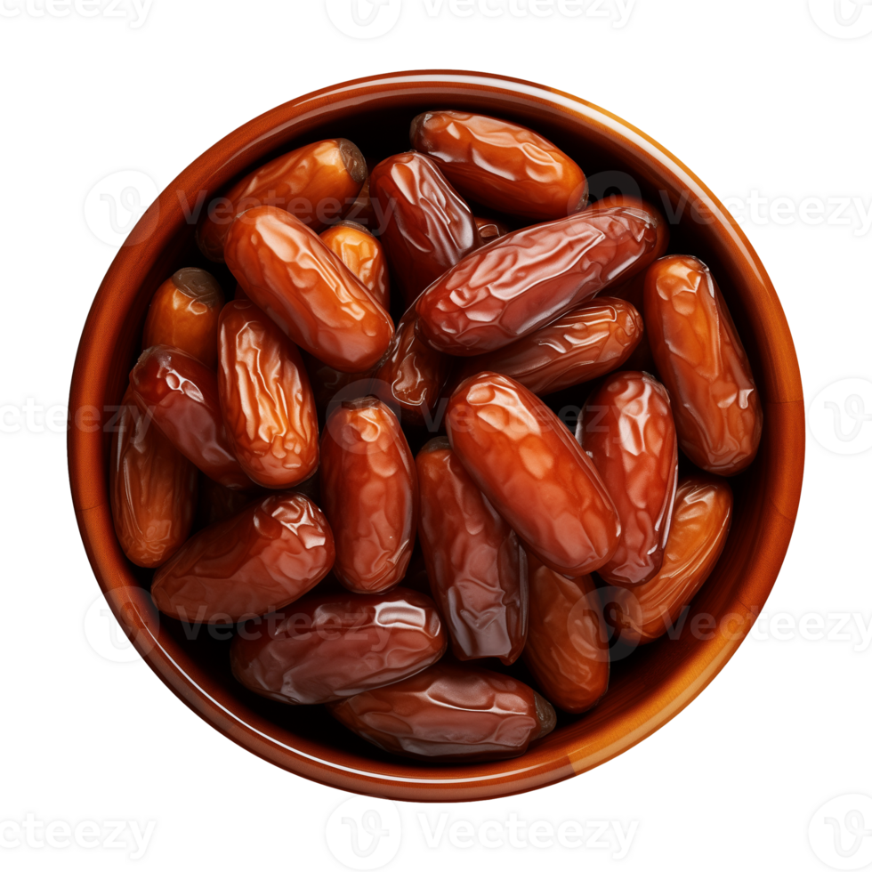AI generated a bowl of dried date fruits isolated on a transparent background, top view, PNG