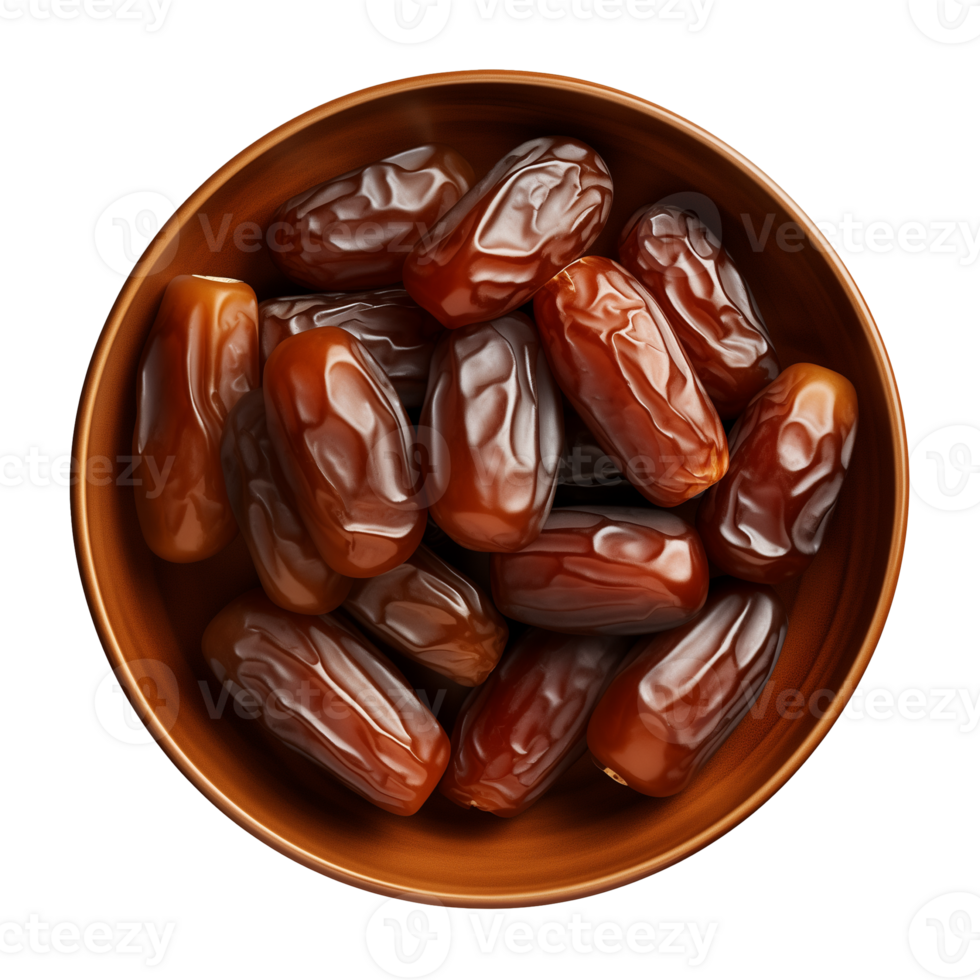 AI generated a bowl of dried date fruits isolated on a transparent background, top view, PNG