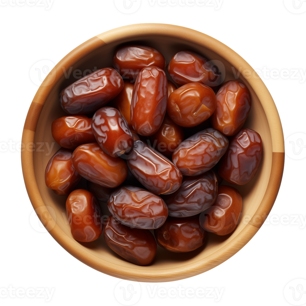 AI generated a bowl of dried date fruits isolated on a transparent background, top view, PNG