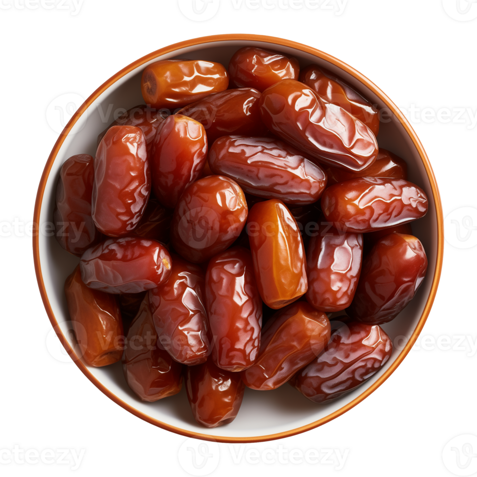 AI generated a bowl of dried date fruits isolated on a transparent background, top view, PNG