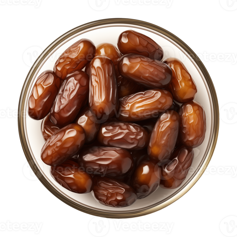 AI generated a bowl of dried date fruits isolated on a transparent background, top view, PNG