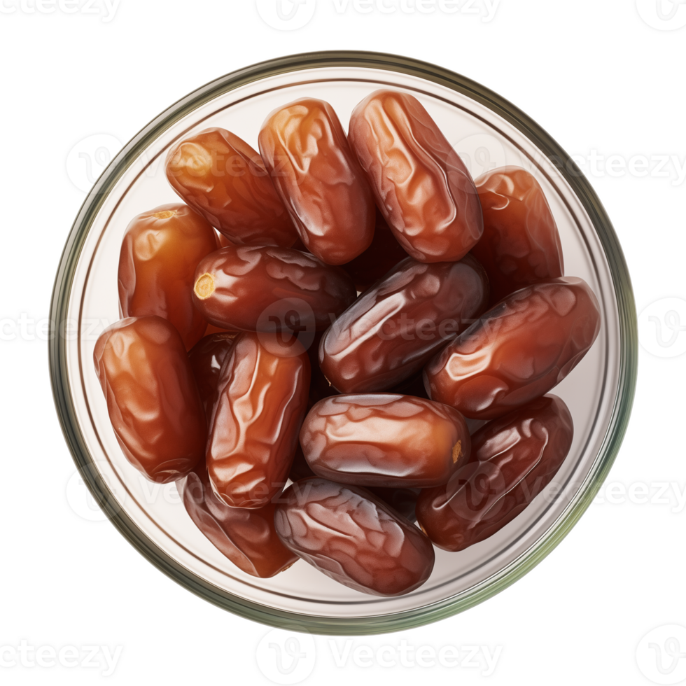AI generated a bowl of dried date fruits isolated on a transparent background, top view, PNG