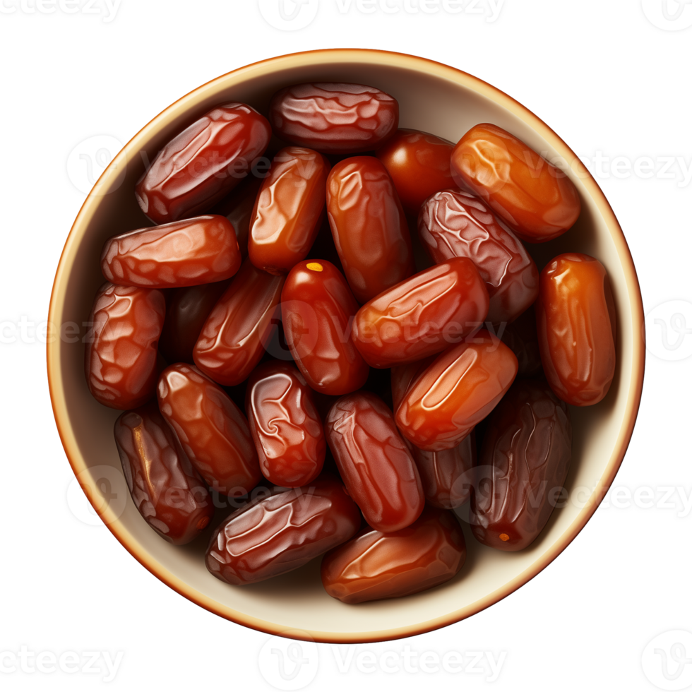 AI generated a bowl of dried date fruits isolated on a transparent background, top view, PNG