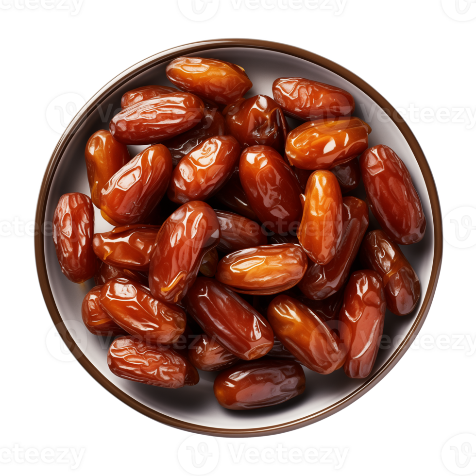 AI generated a bowl of dried date fruits isolated on a transparent background, top view, PNG