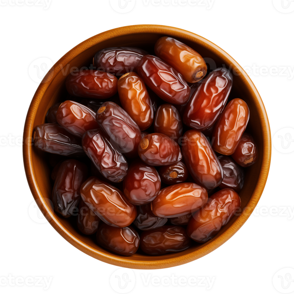 AI generated a bowl of dried date fruits isolated on a transparent background, top view, PNG