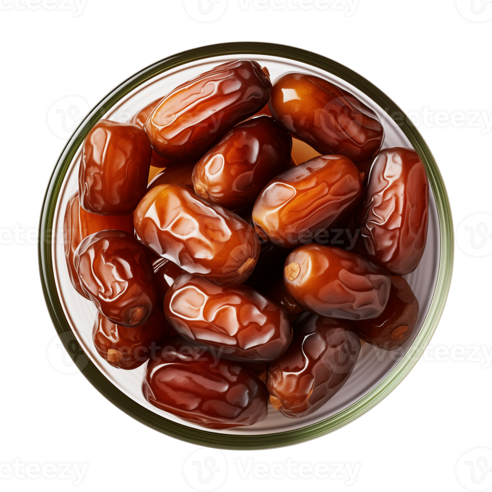 AI generated a bowl of dried date fruits isolated on a transparent background, top view, PNG