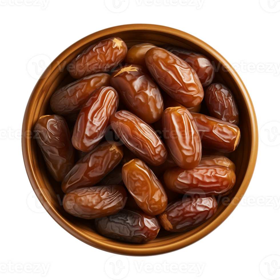 AI generated a bowl of dried date fruits isolated on a transparent background, top view, PNG