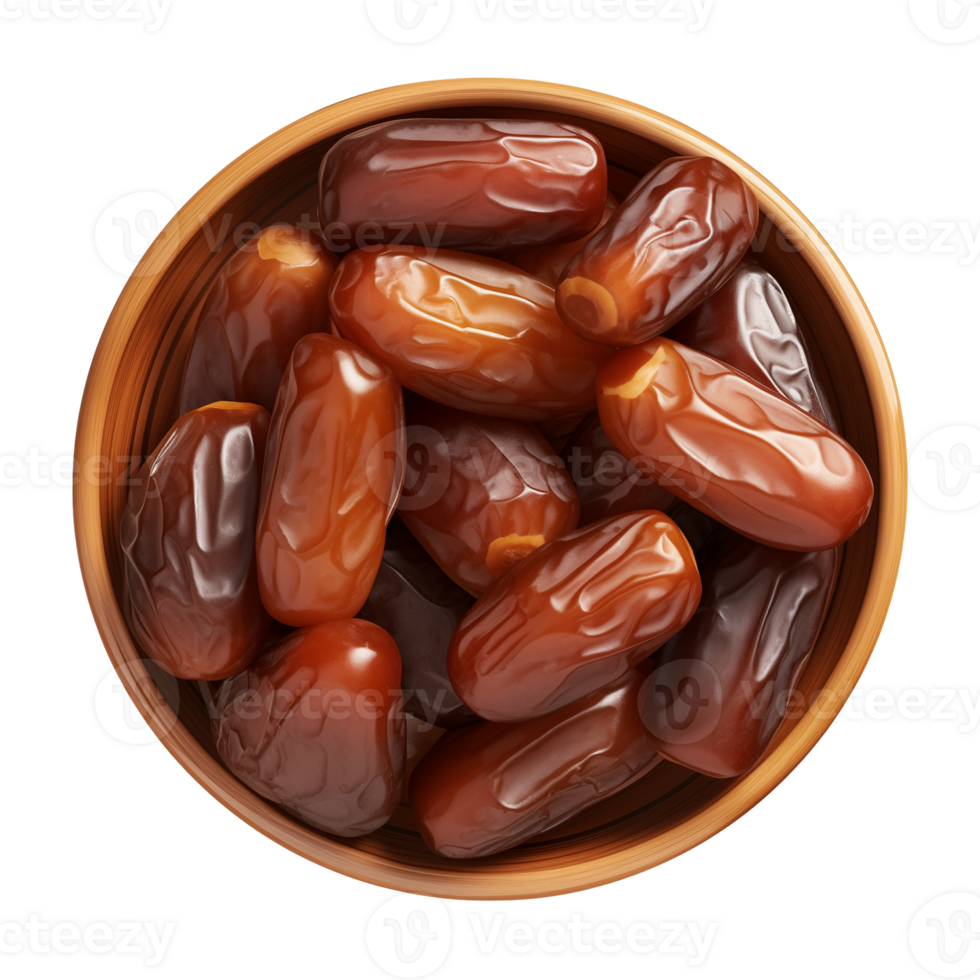 AI generated a bowl of dried date fruits isolated on a transparent background, top view, PNG