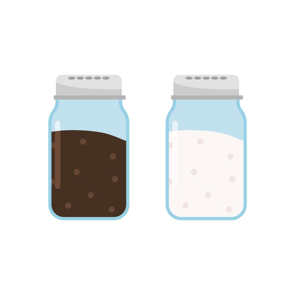 Glass salt and pepper shakers icon set flat design vector illustration. Glass jars, saltcellar with kitchen seasonings, flavoring for sprinkling spicy powder. Ingredients, condiments for food.