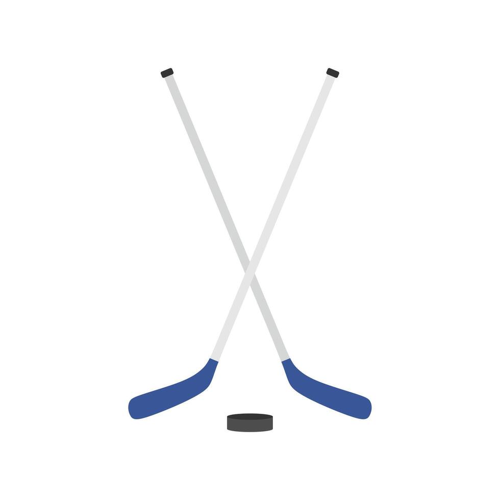 two crossed hockey sticks and a puck flat design vector illustration. Hockey sticks, cues with puck isolated on white background. Sport equipment symbol