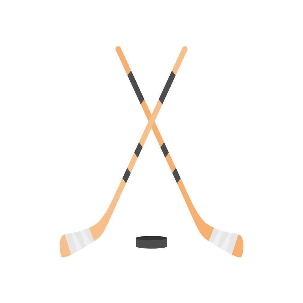 two crossed hockey sticks and a puck flat design vector illustration. Hockey sticks, cues with puck isolated on white background. Sport equipment symbol