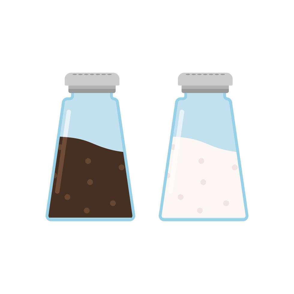 Glass salt and pepper shakers icon set flat design vector illustration. Glass jars, saltcellar with kitchen seasonings, flavoring for sprinkling spicy powder. Ingredients, condiments for food.