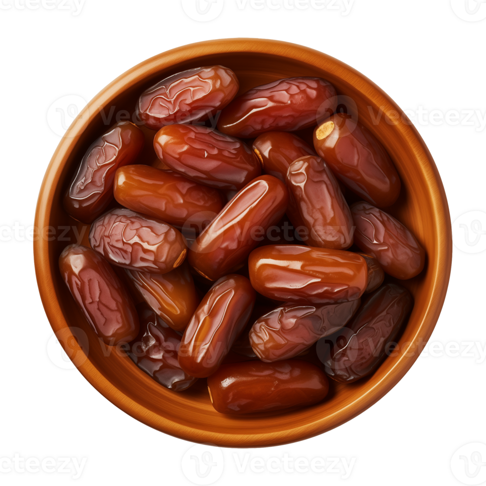 AI generated a bowl of dried date fruits isolated on a transparent background, top view, PNG