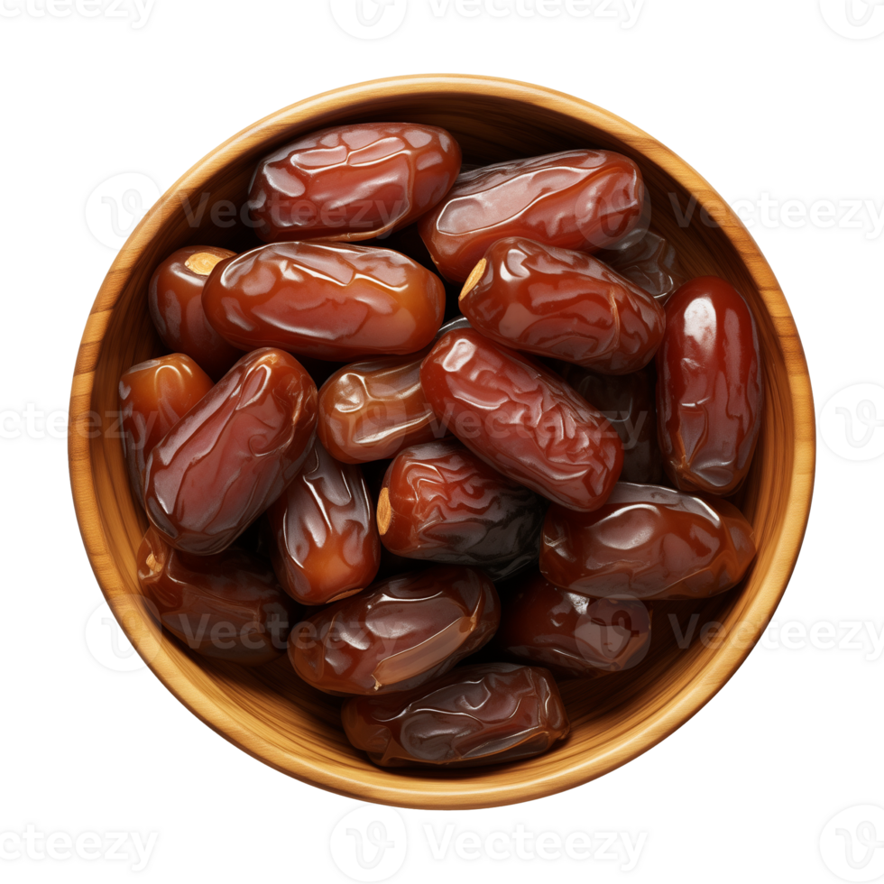 AI generated a bowl of dried date fruits isolated on a transparent background, top view, PNG