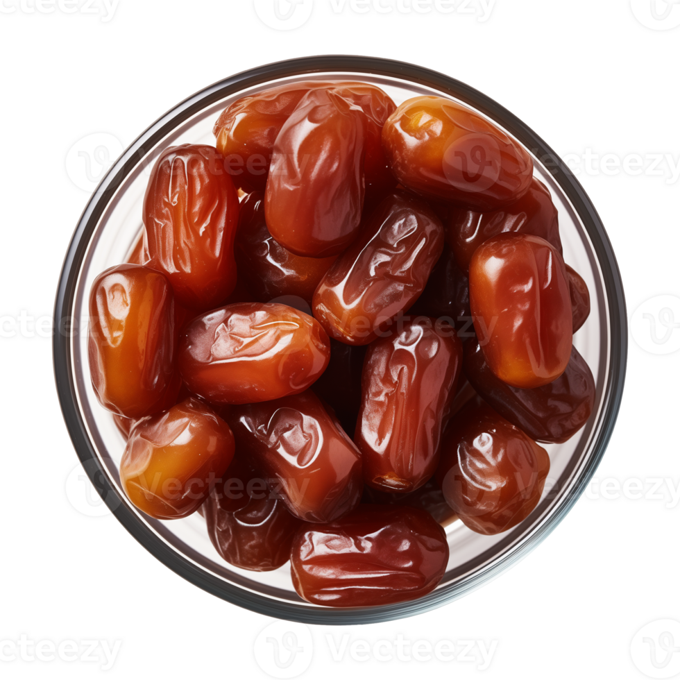 AI generated a bowl of dried date fruits isolated on a transparent background, top view, PNG