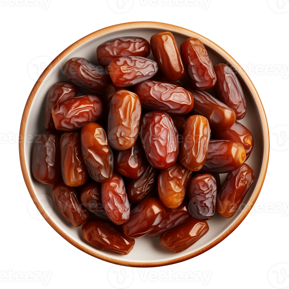 AI generated a bowl of dried date fruits isolated on a transparent background, top view, PNG