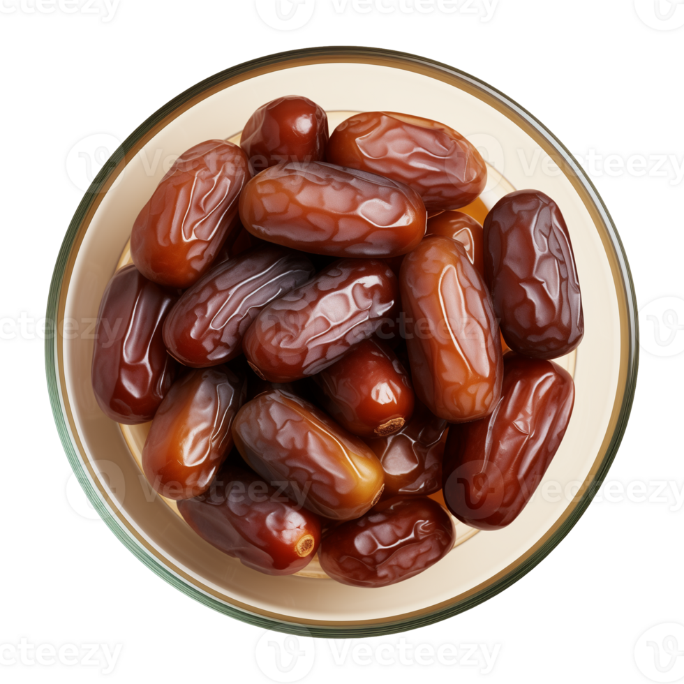 AI generated a bowl of dried date fruits isolated on a transparent background, top view, PNG