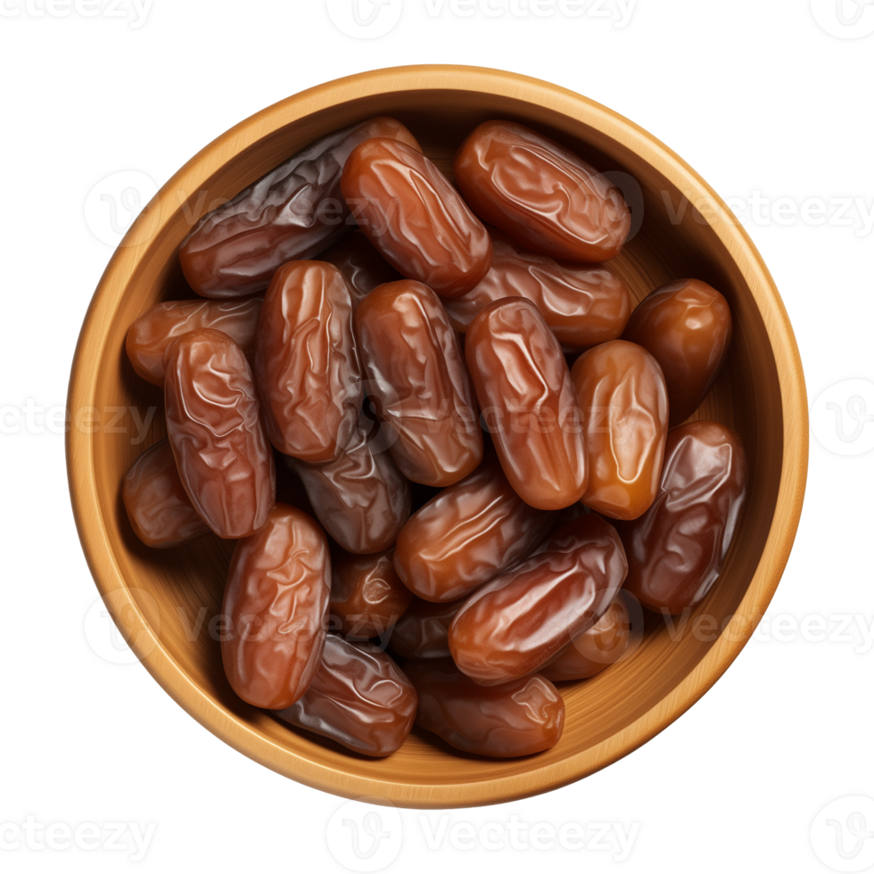 AI generated a bowl of dried date fruits isolated on a transparent background, top view, PNG