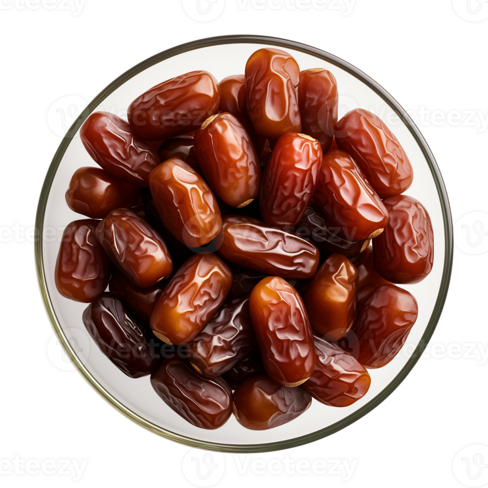 AI generated a bowl of dried date fruits isolated on a transparent background, top view, PNG
