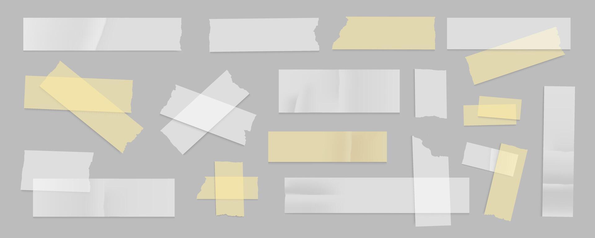 Sticky paper stripes mega set in flat graphic design. Collection elements of different transparent adhesive tapes with torn edges, white and yellow ripped fix scotch templates. Vector illustration.