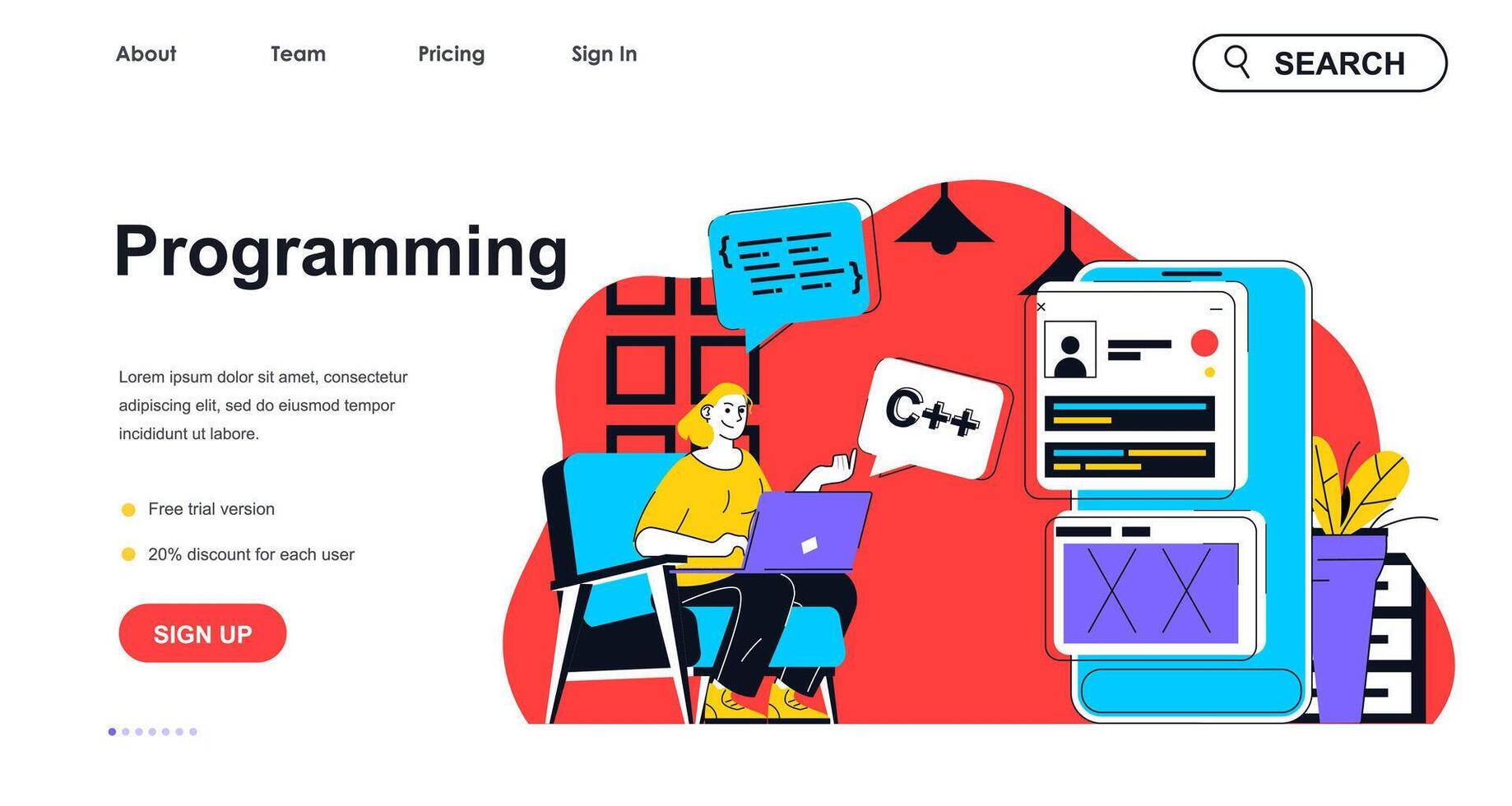 Programming concept for landing page template. Woman writing code and creating mobile app interface. Software development people scene. Vector illustration with flat character design for web banner