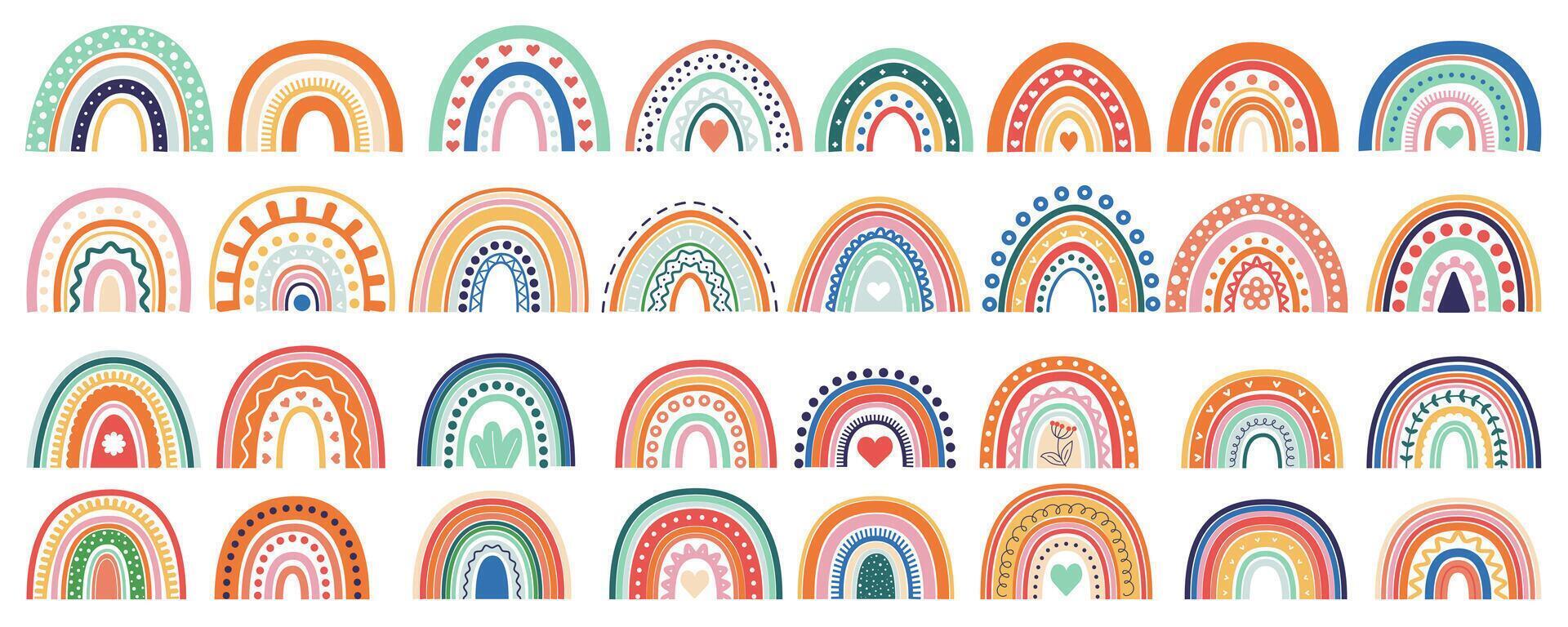Summer rainbows mega set in flat graphic design. Bundle elements of abstract cute rainbows with ornaments in scandinavian and boho doodle style for decorations. Vector illustration isolated objects