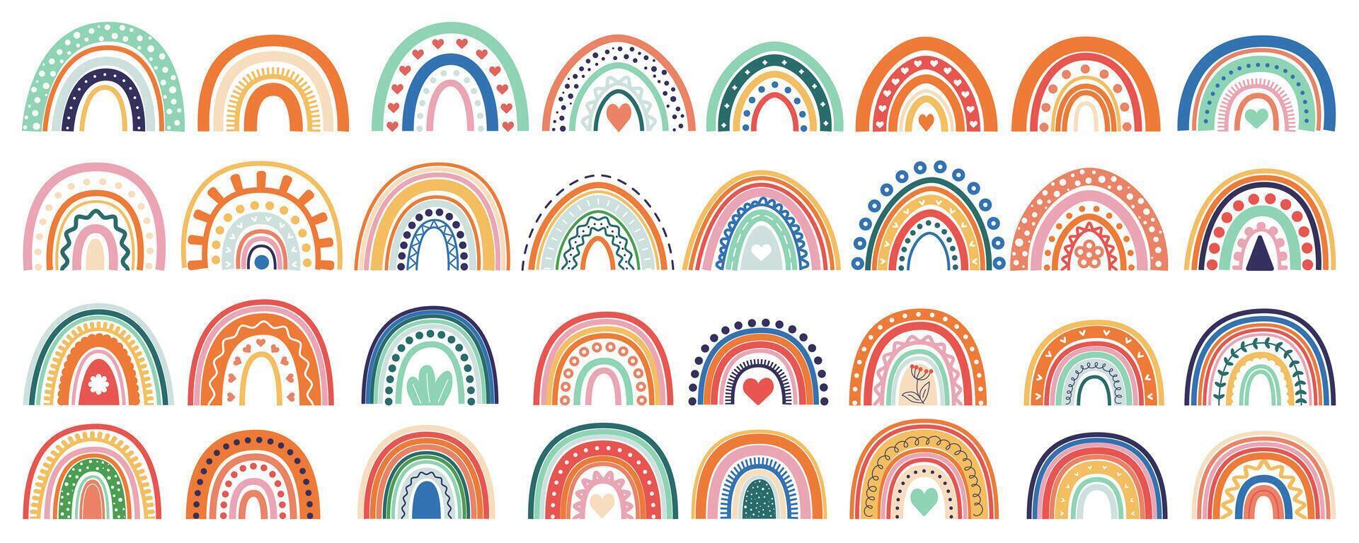 verano arcoiris mega conjunto en plano gráfico diseño. haz elementos de resumen linda arcoiris con adornos en escandinavo y boho garabatear estilo para decoraciones vector ilustración aislado objetos