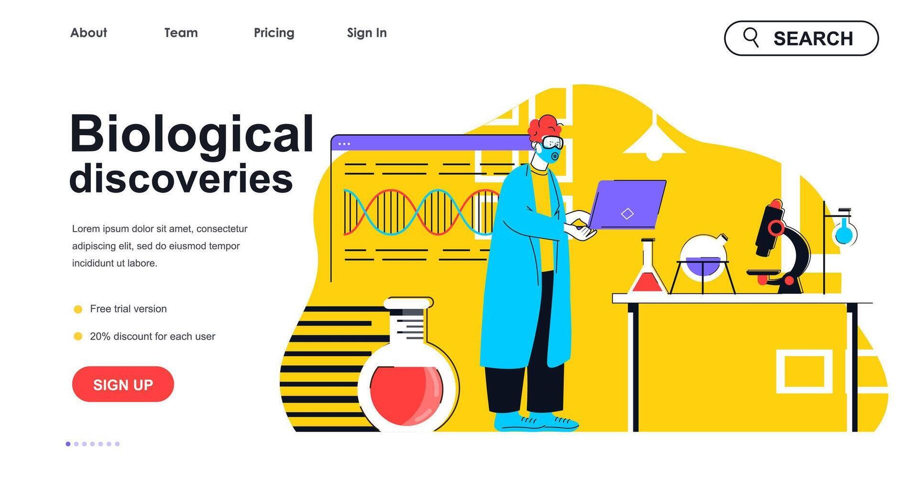 Biological discoveries concept for landing page template. Scientist in mask does research and scientific tests in laboratory people scene. Vector illustration with flat character design for web banner
